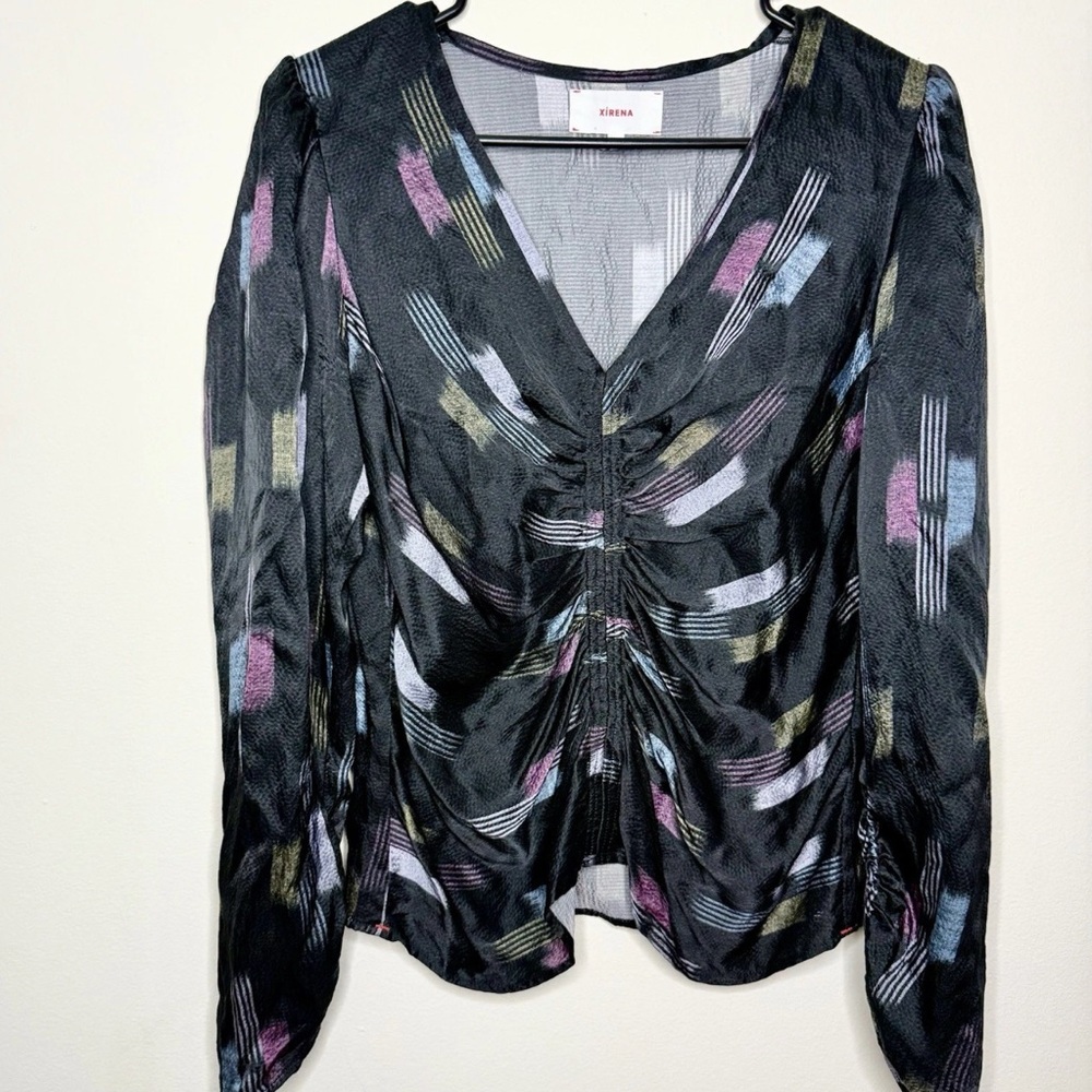 Xirena Prisca Silk Top Long Sleeve Ruched Size Medium Ikat Black Glam